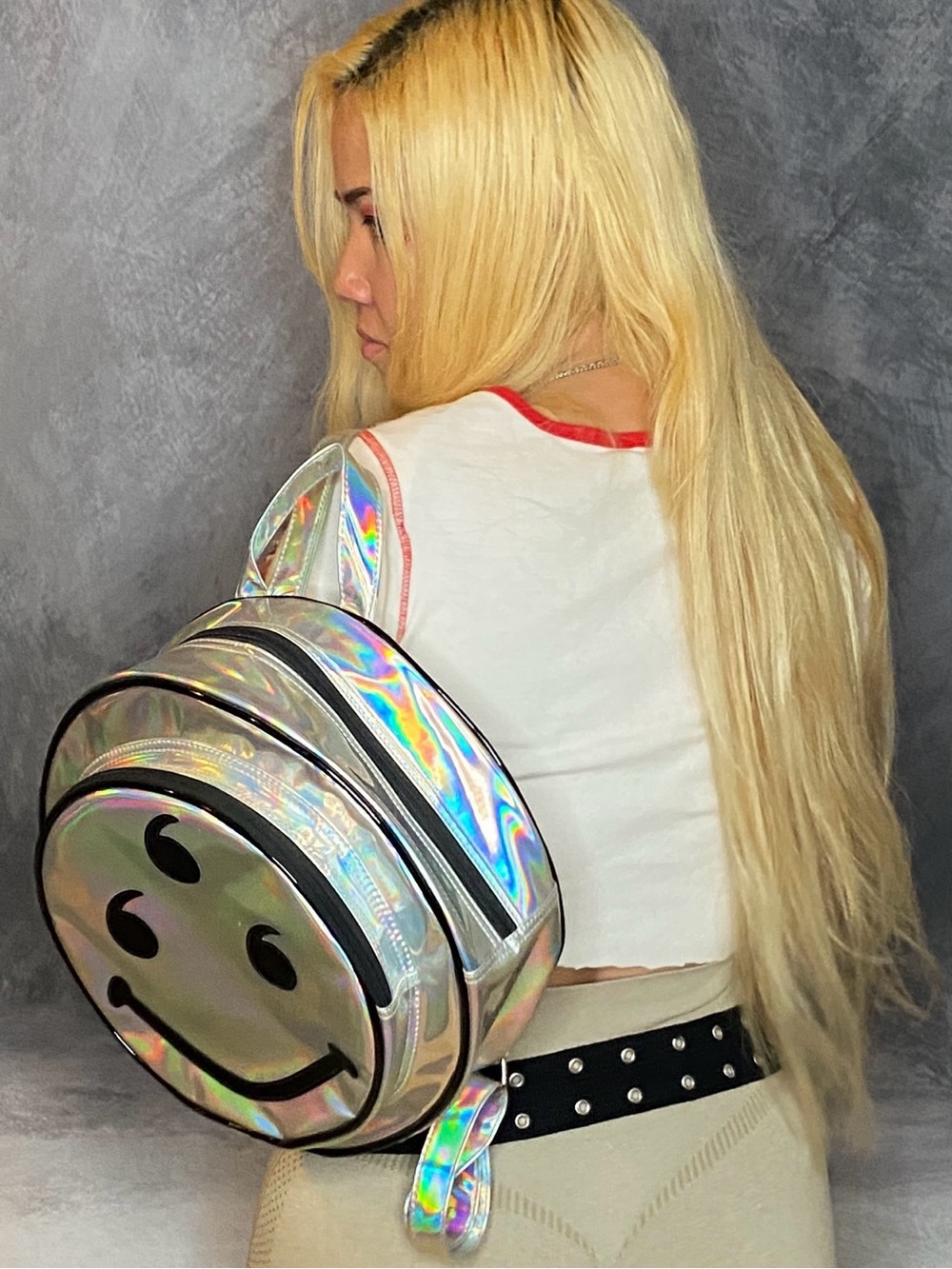 666 Holographic Smiley PVC Cyber Rave Grunge Backpack RARE - Picture 10 of 16